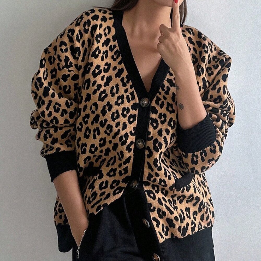 Brown Casual Women's Loose Fit Leopard Print Open Front Cardigan
